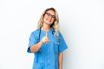 Brazilian surgeon doctor woman over isolated background showing and lifting a finger