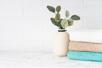 Stack of bath towels and vase with green plant. Clean towels in the laundry or bathroom. White background.