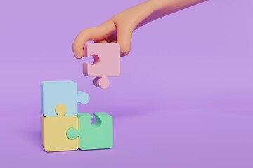 3d render illustration a hand holding a pink detail before assembling the whole puzzle