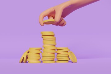 3d render illustration a hand puts a gold coin on a pile of money