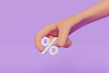 3d render illustration of a hand holding a white percent icon on a purple background