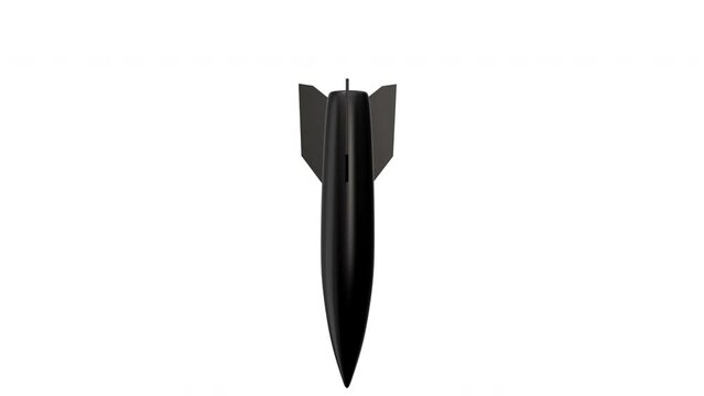 Falling and rotating black air bomb isolated on white background. Military concept art. Abstract modern design element. Realistic 3d animation.