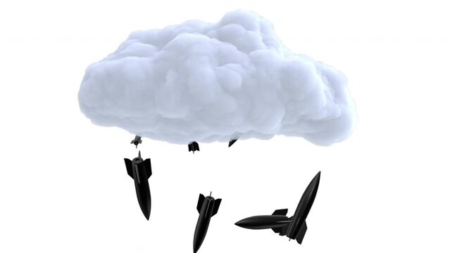Black air bombs fall from cloud isolated on white background. Abstract surrealistic stop motion 3d animation. Military concept art. Modern design composition.