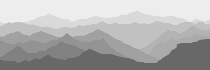 Fototapeta na wymiar Vector illustration of mountains, ridge in the morning haze, panoramic view, black and white