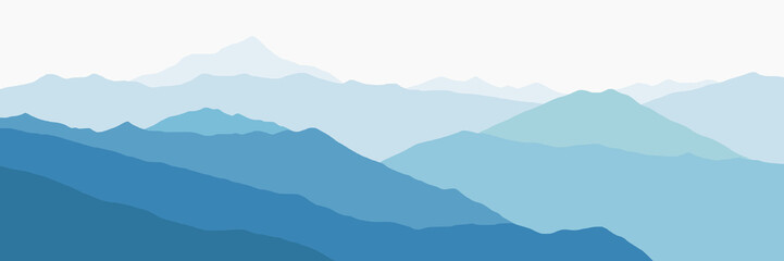 Vector illustration of mountains, ridge in the morning haze, panoramic view.
