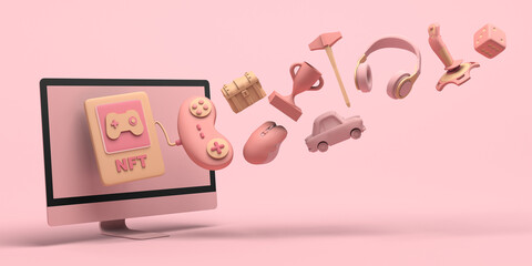 Non fungible token of video game. NFT of gaming with computer on the blockchain. 3D illustration. Copy space. © Rodrigo