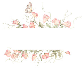 watercolor floral frame spring pink flowers, sweet peas and butterfly