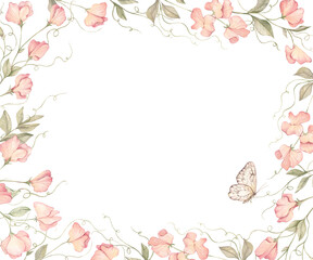watercolor floral frame spring pink flowers, sweet peas and butterfly