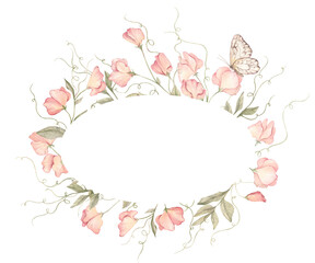 watercolor floral oval frame spring pink flowers, sweet peas and butterfly