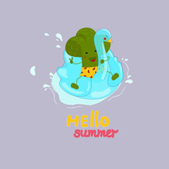 Happy broccoli character in a swimming circle. Vector funny illustration of vegetables on a summer vacation, healthy organic eating.