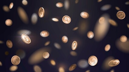 Falling golden coins with blur effect on dark background