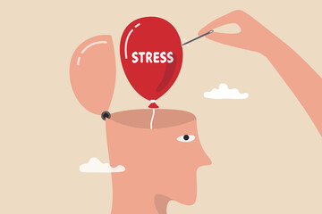 Stress management, relaxation to relieve anxiety or anger from your brain, meditation to help reduce stress concept, doctor help solve anxiety problem using needle to burst stress balloon.