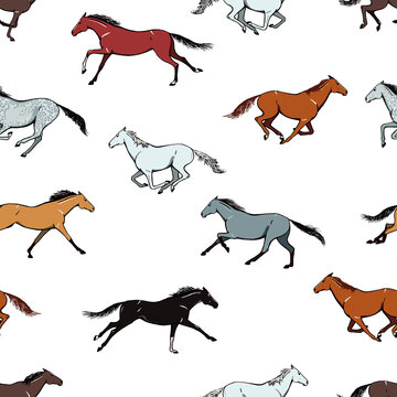 Galloping horse seamless pattern. Equine coat color running motion set. Equestrian animation cartoon hand drawn vector. Wild mustang herd. Bay, sorrel, grey, dun, dapple pony. Silk scarf background
