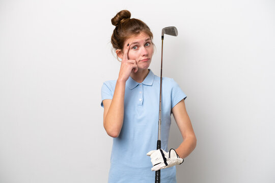 Young English woman playing golf isolated on white background thinking an idea