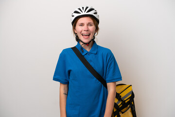 Young English woman with thermal backpack isolated on white background with surprise facial expression
