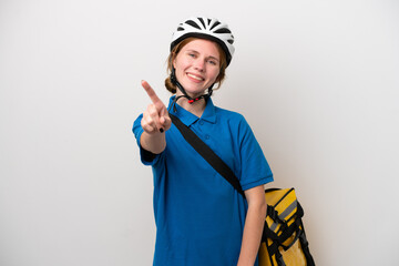 Young English woman with thermal backpack isolated on white background showing and lifting a finger