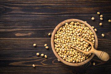 Soy is a source of plant based protein. Vegan food. Soya beans in the wooden bowl. Top view with copy space.