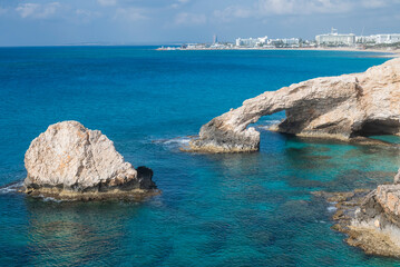 view of the bridge of lovers on the seashore with rocks in ayia napa