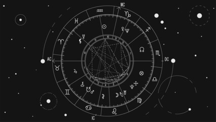 The scheme of the natal chart against the background of the starry sky, the diagram of the signs of the zodiac and the astrological forecast - obrazy, fototapety, plakaty
