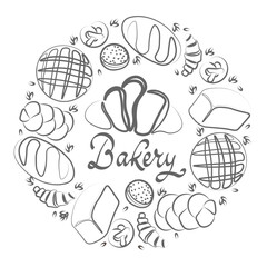 Trendy vector design for bakery or cafe.Illustrations of buns, bread,baguette, and other pastries for packaging, labels,or signage.Line art illustration of food for banner,flyer or menu.Lettering.