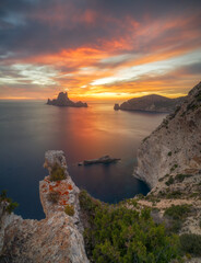 Sunset over the sea ,  Cap Llentrisca with es vedra island , ibiza