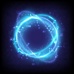 Glitch and pixels. Technology glowing swirl light effect. Magic abstract frame. Power energy of circular element. Luminous sci-fi. Shining neon lights cosmic. Futuristic swirl universe trail effect