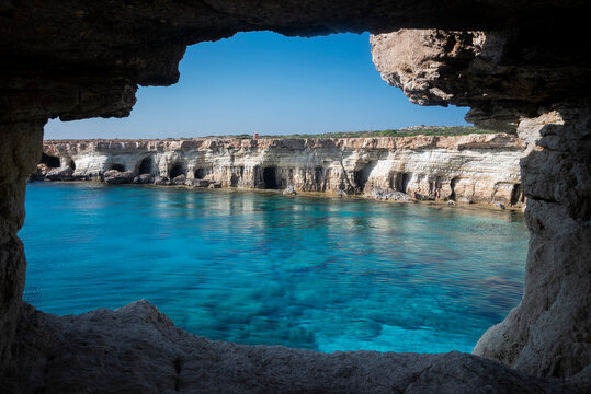 coast in ayia napa sea caves in cape greco in cyprus on the seashore with rocks