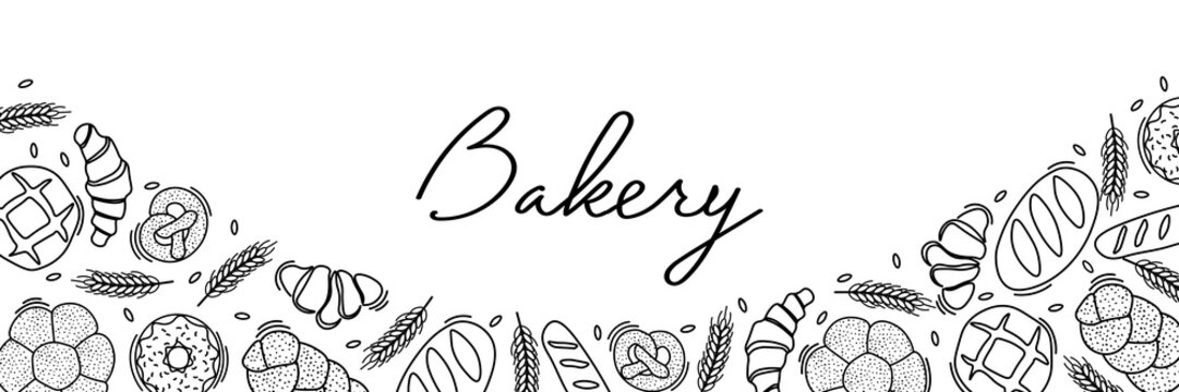 Trendy Vector horizontal background for bakery or cafe.Illustrations of buns,bread,baguette,and other pastries for packaging,labels,or signage.Line Art of food for banner, flyer or menu.Lettering