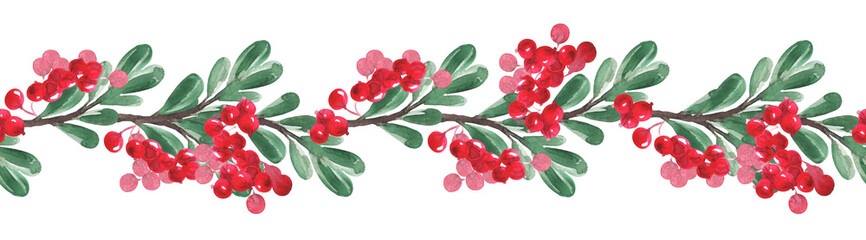 A branch with red berries to create a seamless ornament in the design of postcards, posters and other printed products.