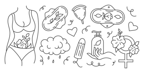 Menstruation theme. Period. Various feminine hygiene products. Zero waste objects. Panties, pads, cups. Menstrual protection, feminine hygiene. Hand drawn vector illustration. Isolated on white