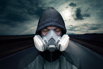  Postapokaliptyczny obraz mężczyzny w masce, zagrożenie biologiczne - obrazy, fototapety, plakaty
