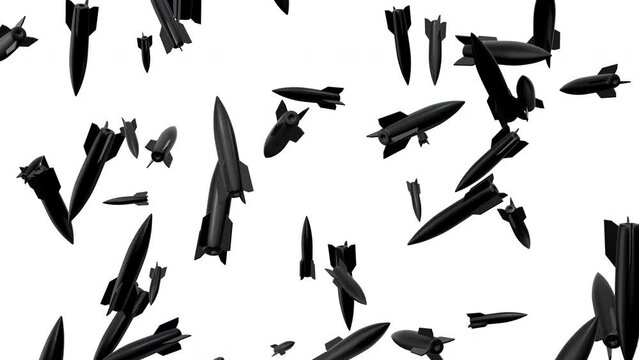 Abstract background with falling and rotating black air bombs isolated on white color. Military concept art. Modern design composition. Realistic looped 3d animation.