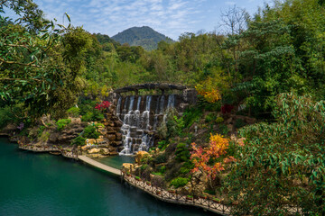 Spring sunny weather waterfall landscape