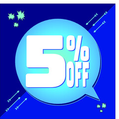 -5 percent discount. 5% discount. Up to 5%. Blue banner with floating balloon for promotions and offers. Up to. Vector
