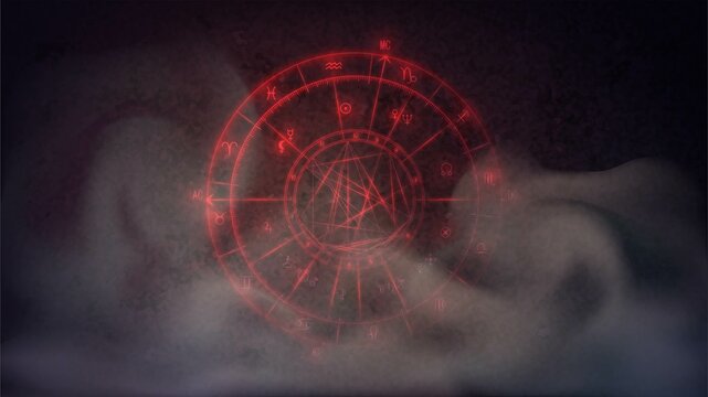 Glowing red natal chart scheme in smoke