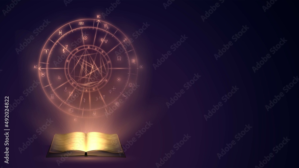 Wall mural glowing diagram of a natal chart and an open magic book