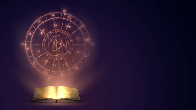 Glowing diagram of a natal chart and an open magic book