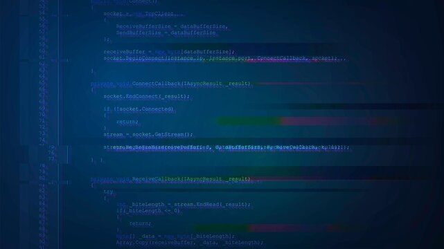 Vector background with glitched screen and computer program in development environment