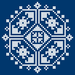 Fototapeta premium Zmijanski vez Bosnia and Herzegovina cross-stitch style vector design square ornament - traditional folk art design in white on navy blue 
