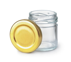 Open empty glass jar and blank golden lid