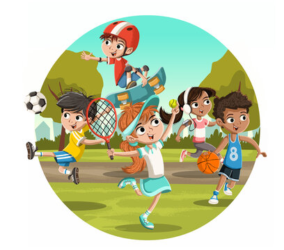 Cartoon kids playing various sports in the park. Children playing.
