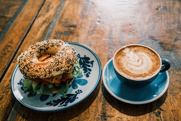 cup of coffee and bagel
