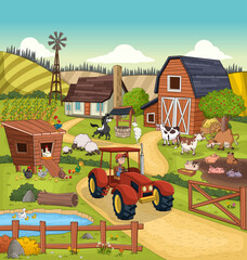 Cartoon farm with animals and farmer on tractor. Farm background.
- 492025803