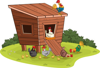 Henhouse with cartoon chicken and chicks
- 492025833