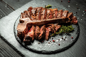 Dry Aged Barbecue Porterhouse Steak grilled beef steak with spices served