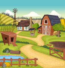 Cartoon colorful farm with barn, crops and lake .  © denis_pc