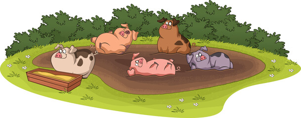 Cartoon cute pigs in the mudd. Funny happy pigs playing in the puddle of mudd.

