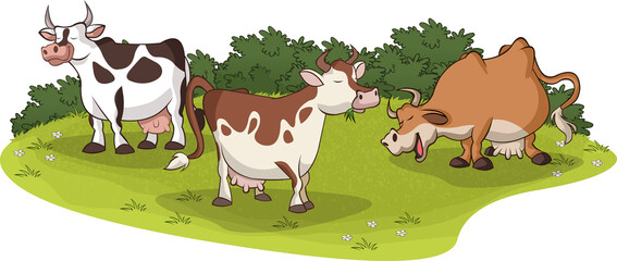Cartoon cows grazing. Cattle on grass field.
