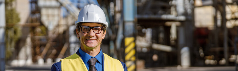 Cheerful matured man in work vest looking at camera and smiling while holding laptop