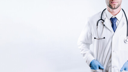 Medical doctor hospital background. Happy nurse in hospital uniform, blue gloves holding patient clipboard isolated on white. Medical care, insurance, prescription, paper work or career concept.